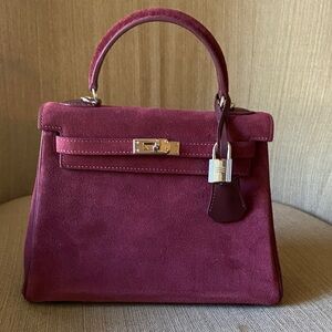 25cm genuine suede leather wine burgundy red top handle handbag bk25